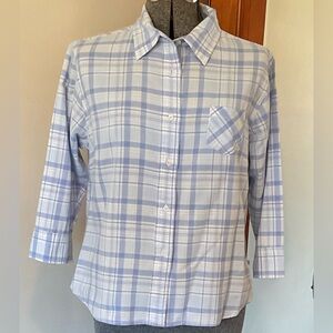 L.L.Bean Blue Plaid 3/4 Length Sleeve Button Down Shirt